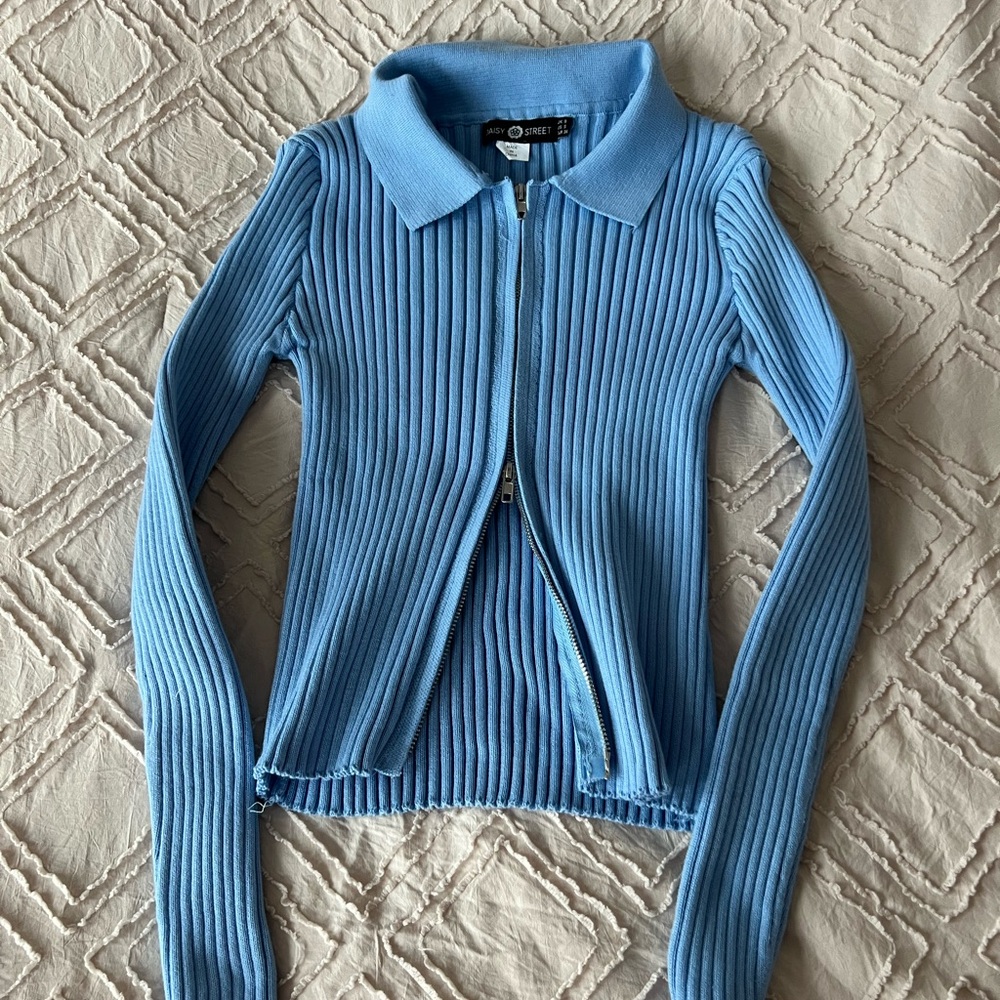 ASOS Blue Ribbed Zip-Up Sweater
